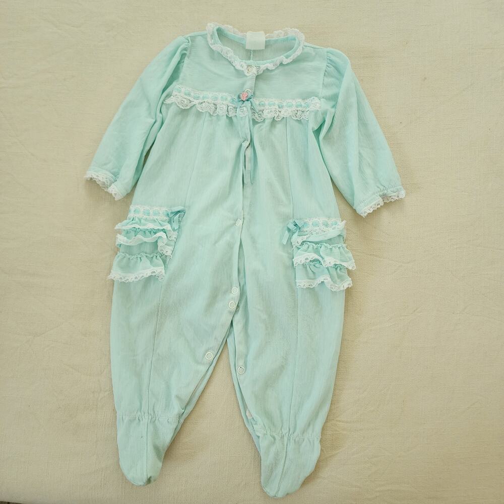Vintage Mint Blue Ruffle Bum Pajamas 9-12 months